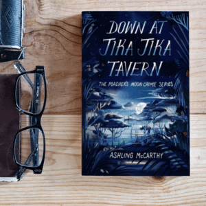 Product shot of Down at Jika Jika Tavern, the first book in The Poacher's Moon Crime Series.