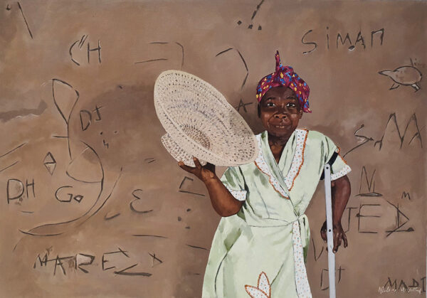 An oil painting of an African woman, standing against a wall, holding a woven basket.