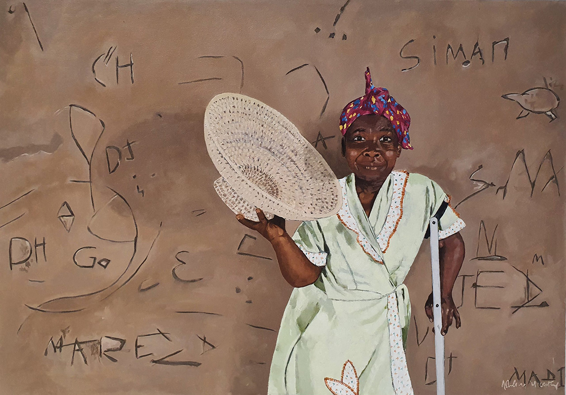 An oil painting of an African woman, standing against a wall, holding a woven basket.