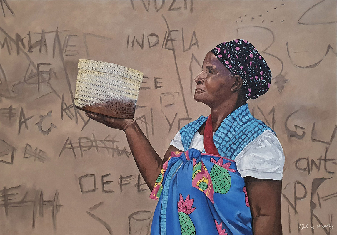 An oil painting of a woman standing against a wall, holding a woven basket in her hands.