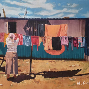 An oil painting of a woman hanging her washing on a shared line in an informal settlement in Durban, South Africa.