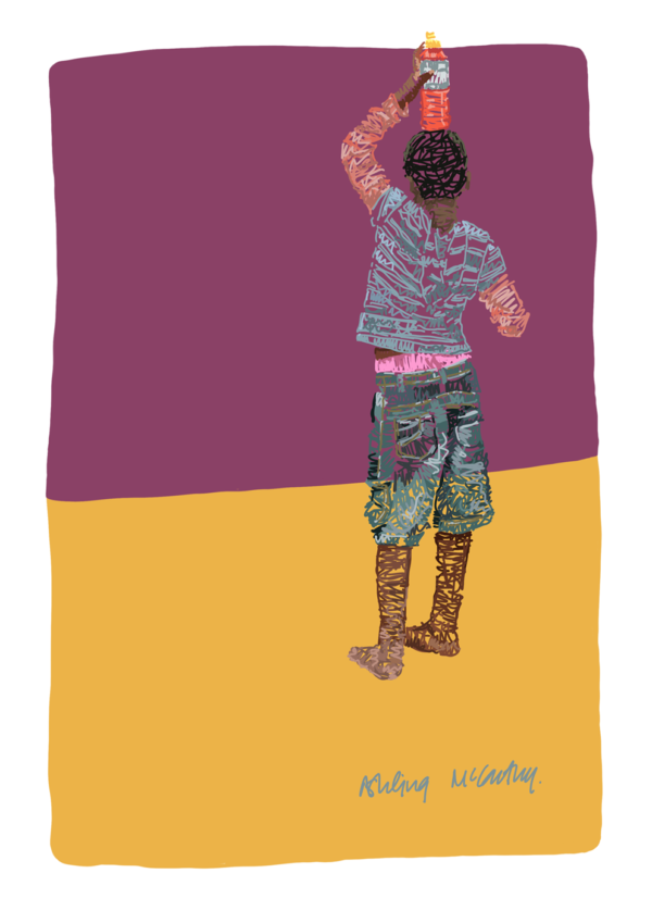 a digital print of a kid with his Lucazade
