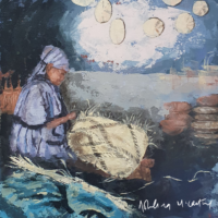 A painting of an African woman weaving.