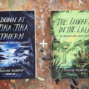 A product shot of both books in The Poacher's Moon Crime Series, Down at Jika Jika Tavern and The Leopard in the Lala.