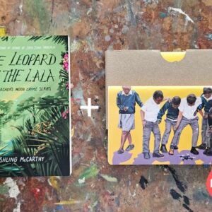 A product shot of novel, The Leopard in the Lala, being sold in a bundle with a hand-stitched notebook.