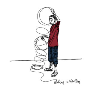 A digital drawing of a young African boy holding up a length of coiled wire