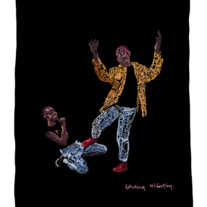 Illustration of two sisters dancing, amapiano style, against a black background.