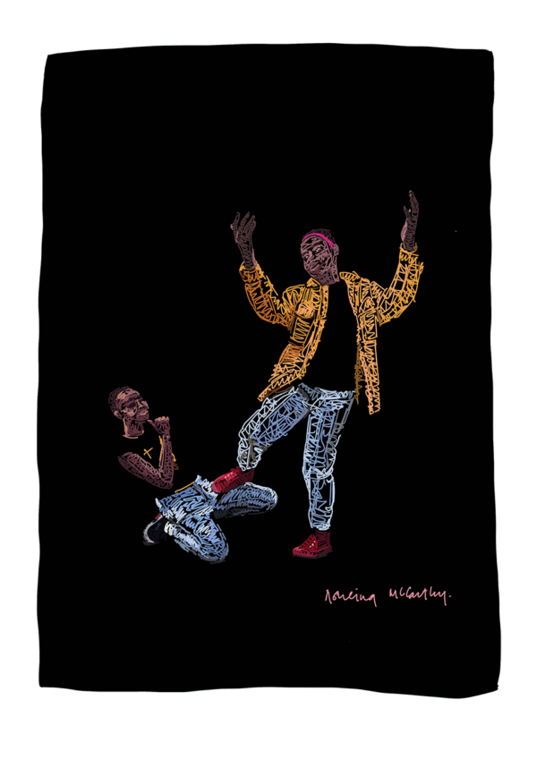 Illustration titled 'Seshange Sisters’ of two sisters dancing, amapiano style, against a black background.