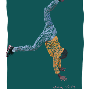 An illustration of a young girl attempting a handstand against a blue-green background.