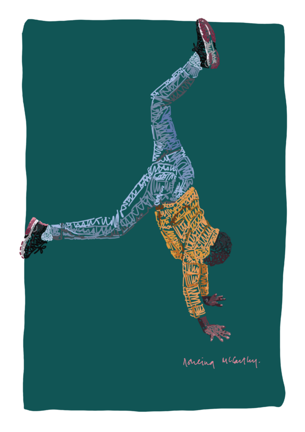 An illustration of a young African girl attempting a handstand against a blue-green background.