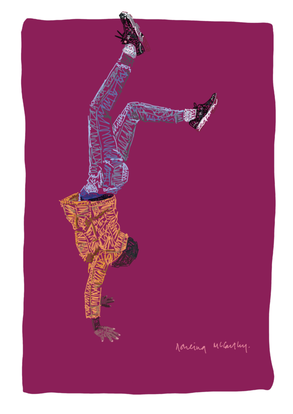 An illustration of a young African girl attempting a handstand against a purple background.