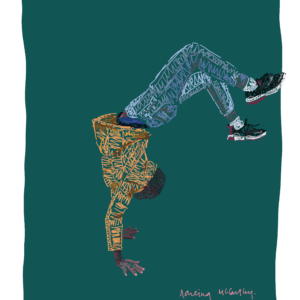 An illustration of a young girl attempting a handstand against a blue-green background.