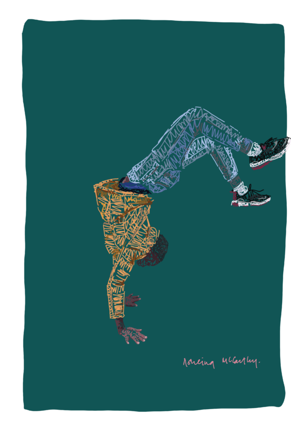 An illustration of a young African girl attempting a handstand against a blue-green background.