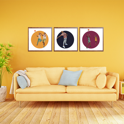 Product shot of illustration print hanging on a wall in a lounge