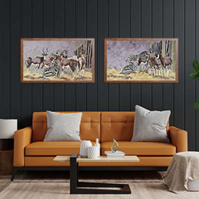 Product shot of fine art print hanging on a wall in a lounge