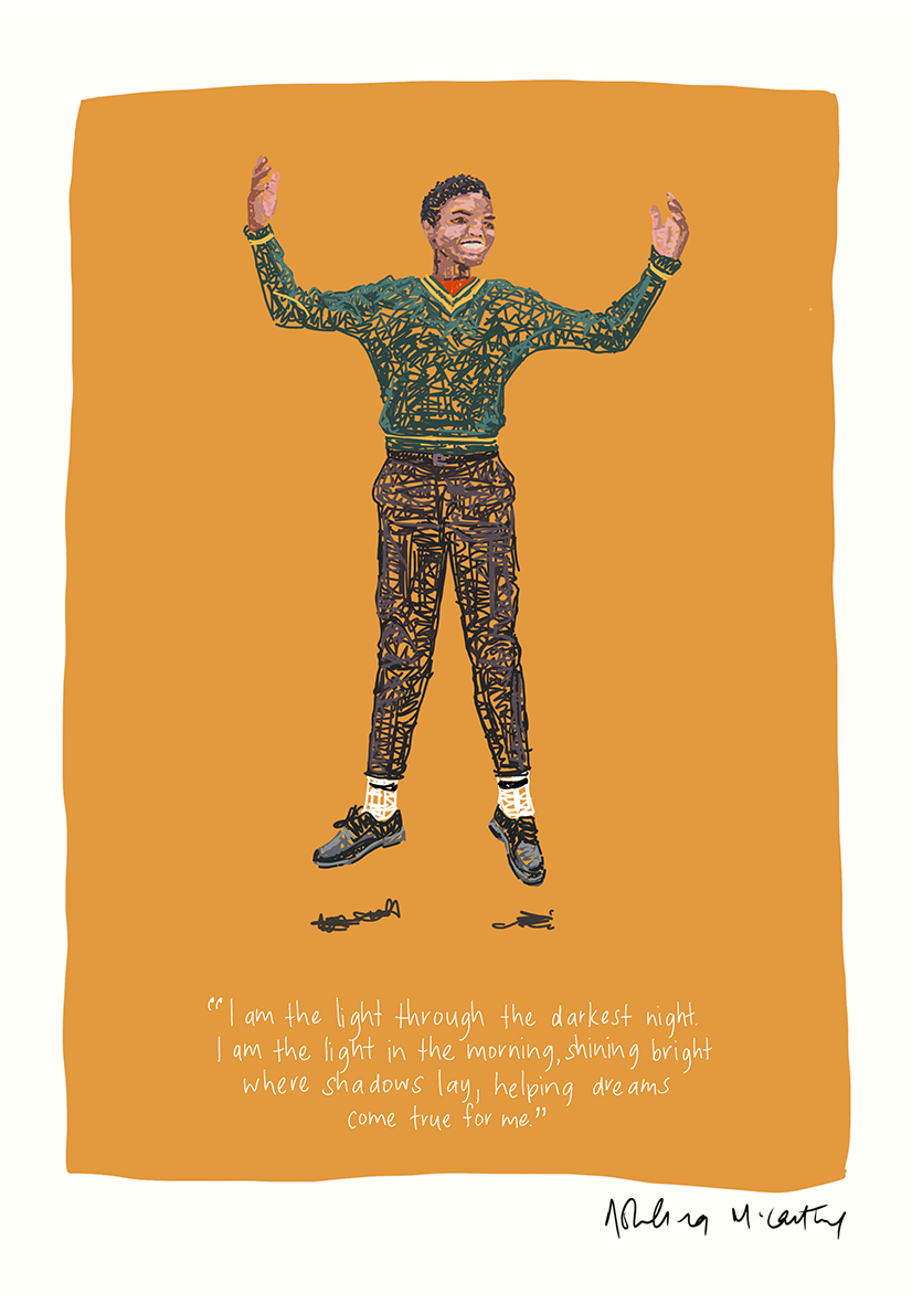 An illustration of a schoolboy jumping into the air.