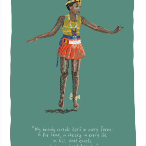Wall art of an illustration of a young Zulu girl in traditional attire, dancing.