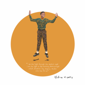 An illustration of a schoolboy jumping into the air.