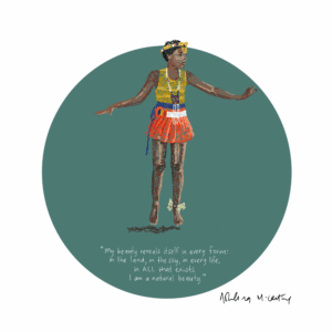 Wall art of an illustration of a young Zulu girl in traditional attire, dancing.