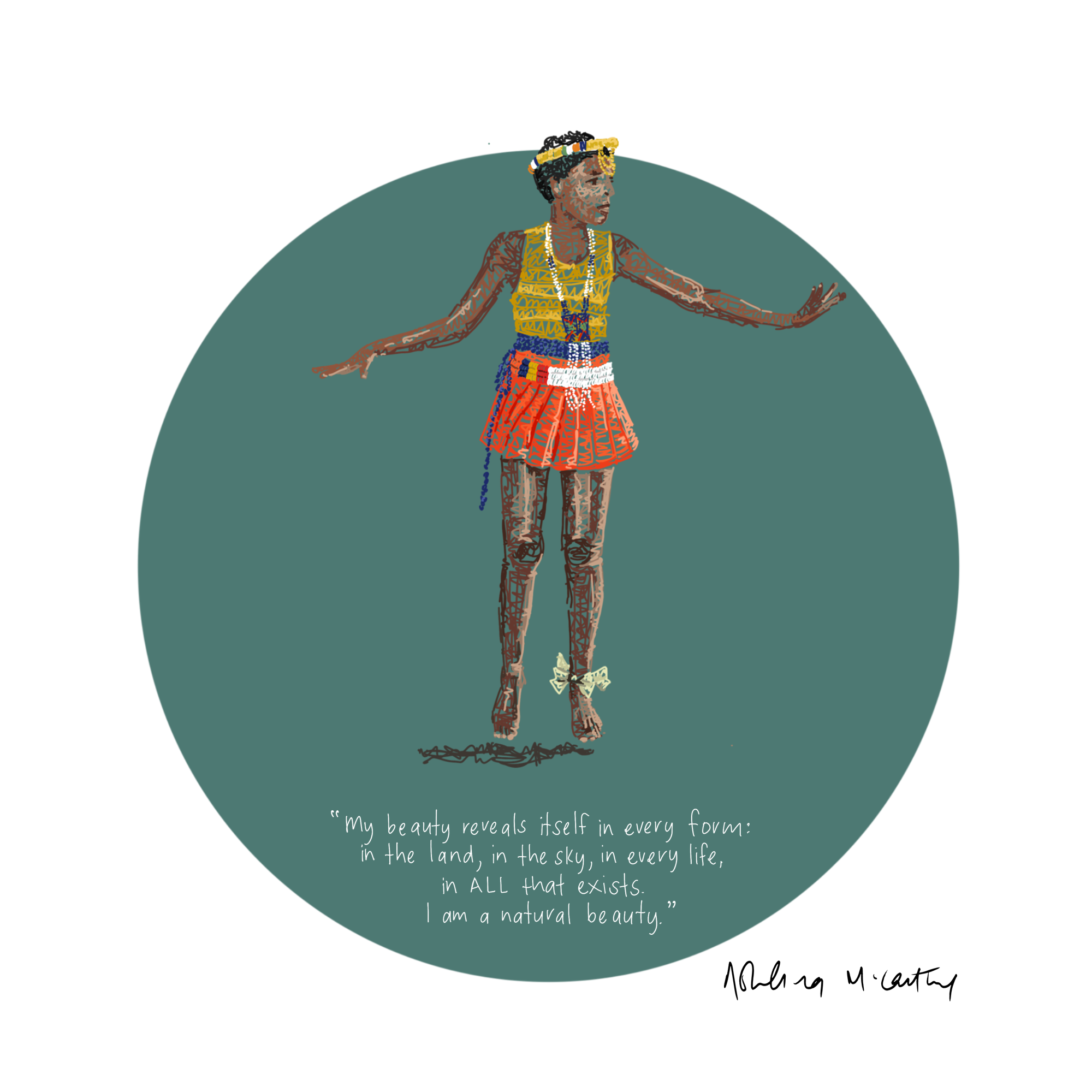 Wall art of an illustration of a young Zulu girl in traditional attire, dancing.